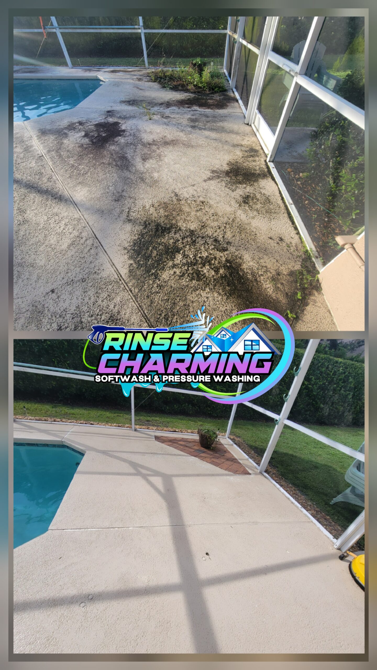 Outdoor patio and pool deck cleaning by Rinse Charming
