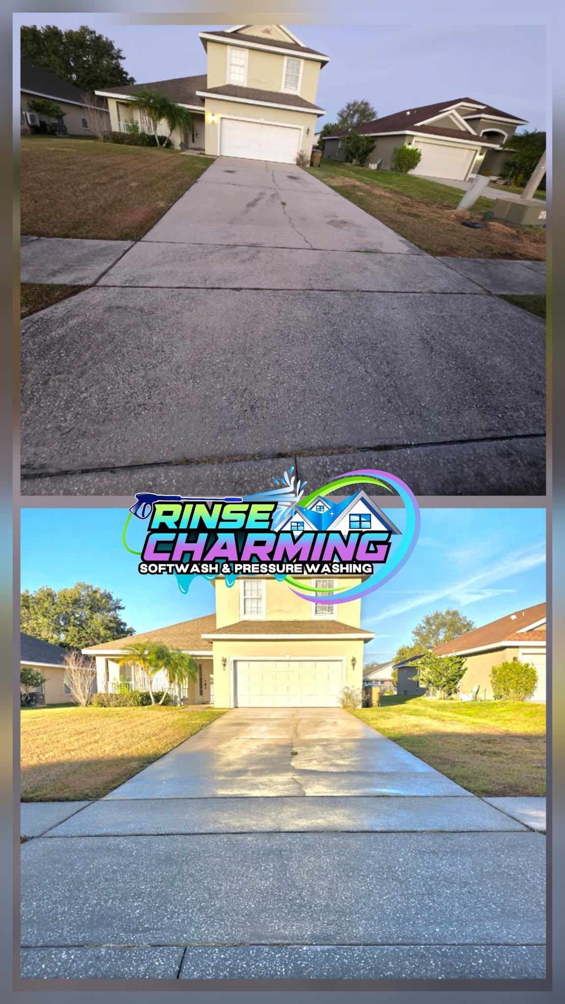 Concrete driveway cleaning by Rinse Charming